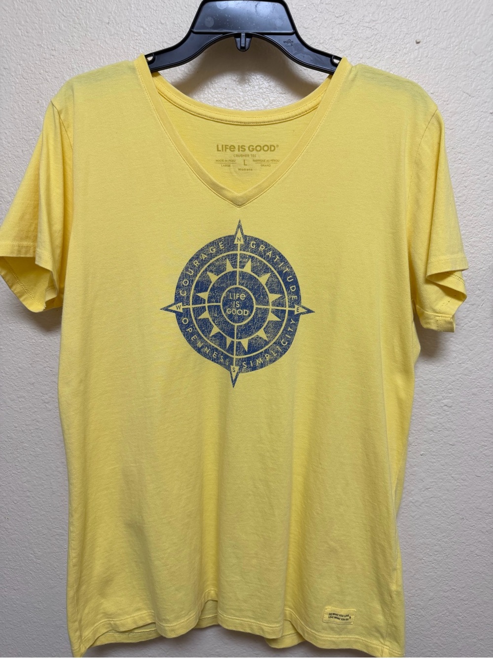 Life Is Good Yellow V-Neck with Compass  “Courage Gratitude Openness Empathy”